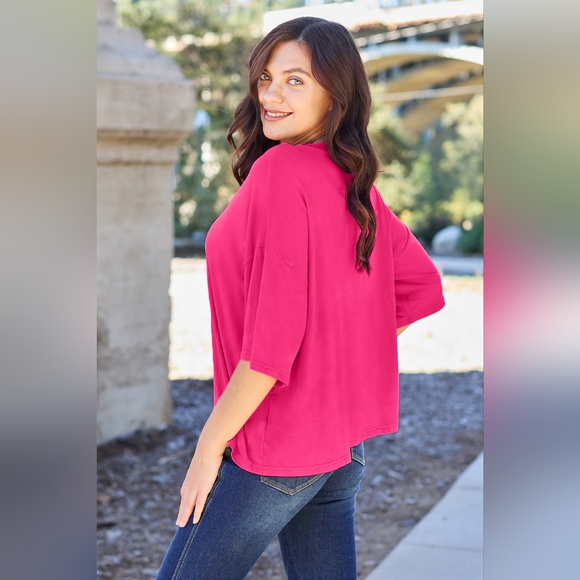 Basic Bae Deep Rose Full Size Round Neck Drop Shoulder T-Shirt - Picture 2 of 3